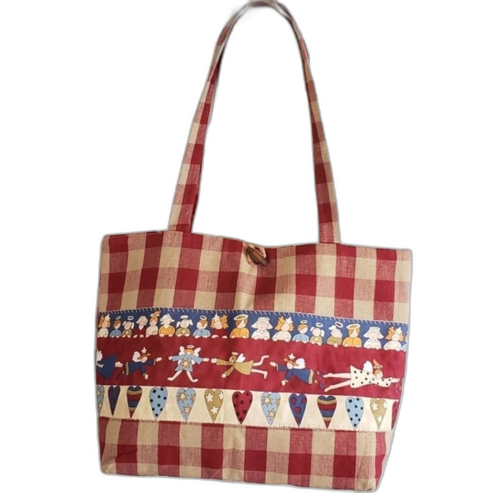 Vintage Handmade Gingham Patchwork Christmas Holiday Shoulder Tote Bag
